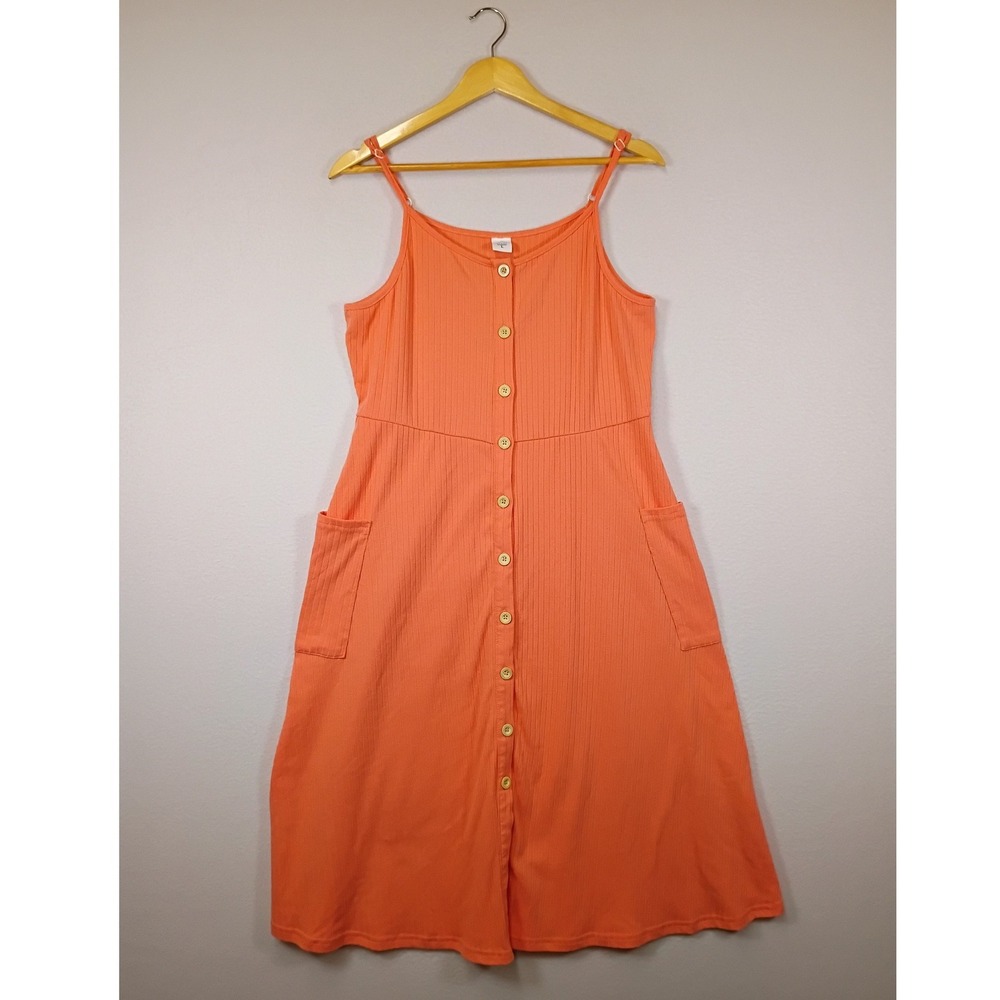 Boho IFFEI Women Large Orange Ribbed Button Front Midi Sundress Pockets